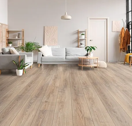Contemporary living room showcasing light wood laminate flooring and cozy furniture.