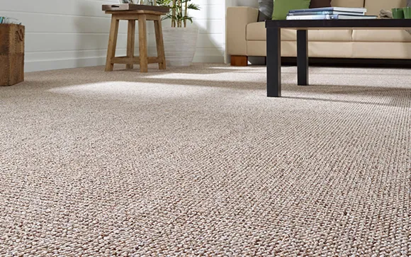 Light beige carpeted floor in a cozy residential room with wooden furniture legs partially visible.