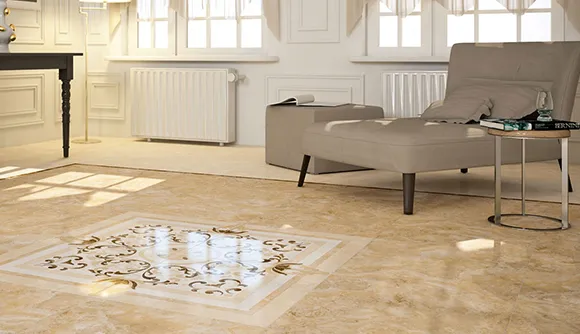 Modern living space featuring polished ceramic flooring with natural light reflecting off surface.
