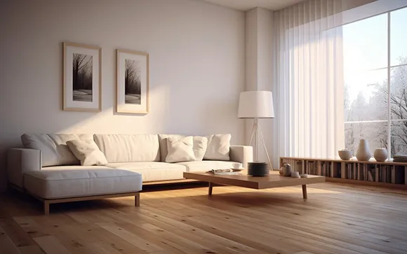 Comfortable living room with light-colored laminate flooring and white cozy sofa.