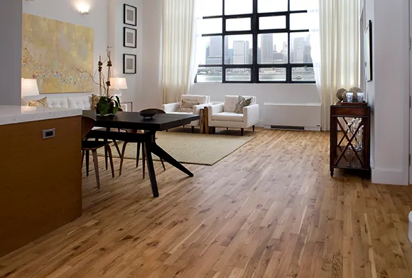 Bright dining room with wood laminate flooring and contemporary dining chairs.